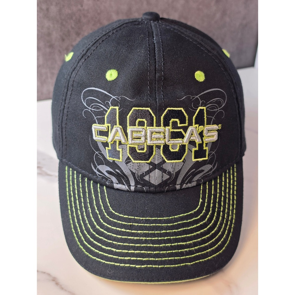 Cabelas 1961‎ Youth Black Lime Green Embroidered Stretch Fit Baseball Hat Cap